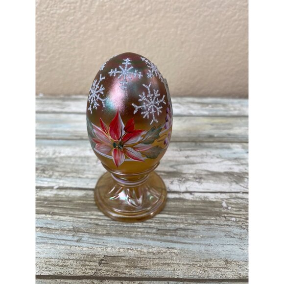 Fenton Hand Painted Iridescent Glass Pedestal Egg Snowflake Poinsettia Christmas - Picture 8 of 9